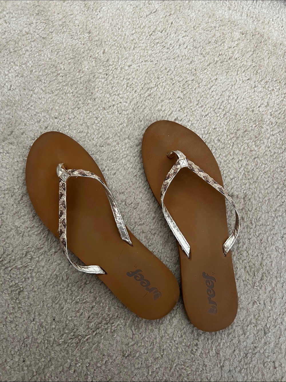 Reef Tan Flip Flop Sandals with Silver Snake-Print Straps